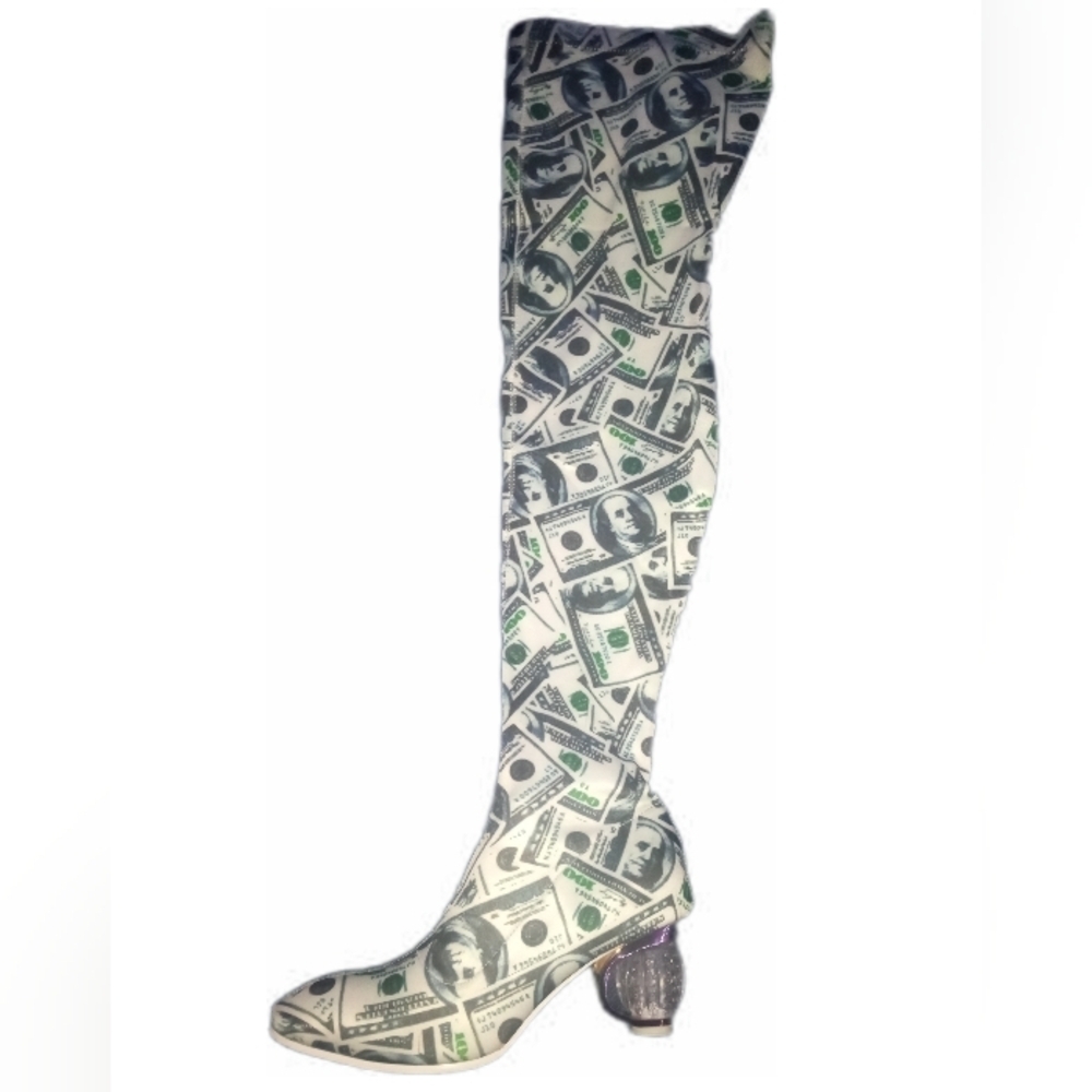 *RARE* "COVERGIRL RICHES" Money Print Over-the-Knee Boots With Diamond Heel - Picture 3 of 3